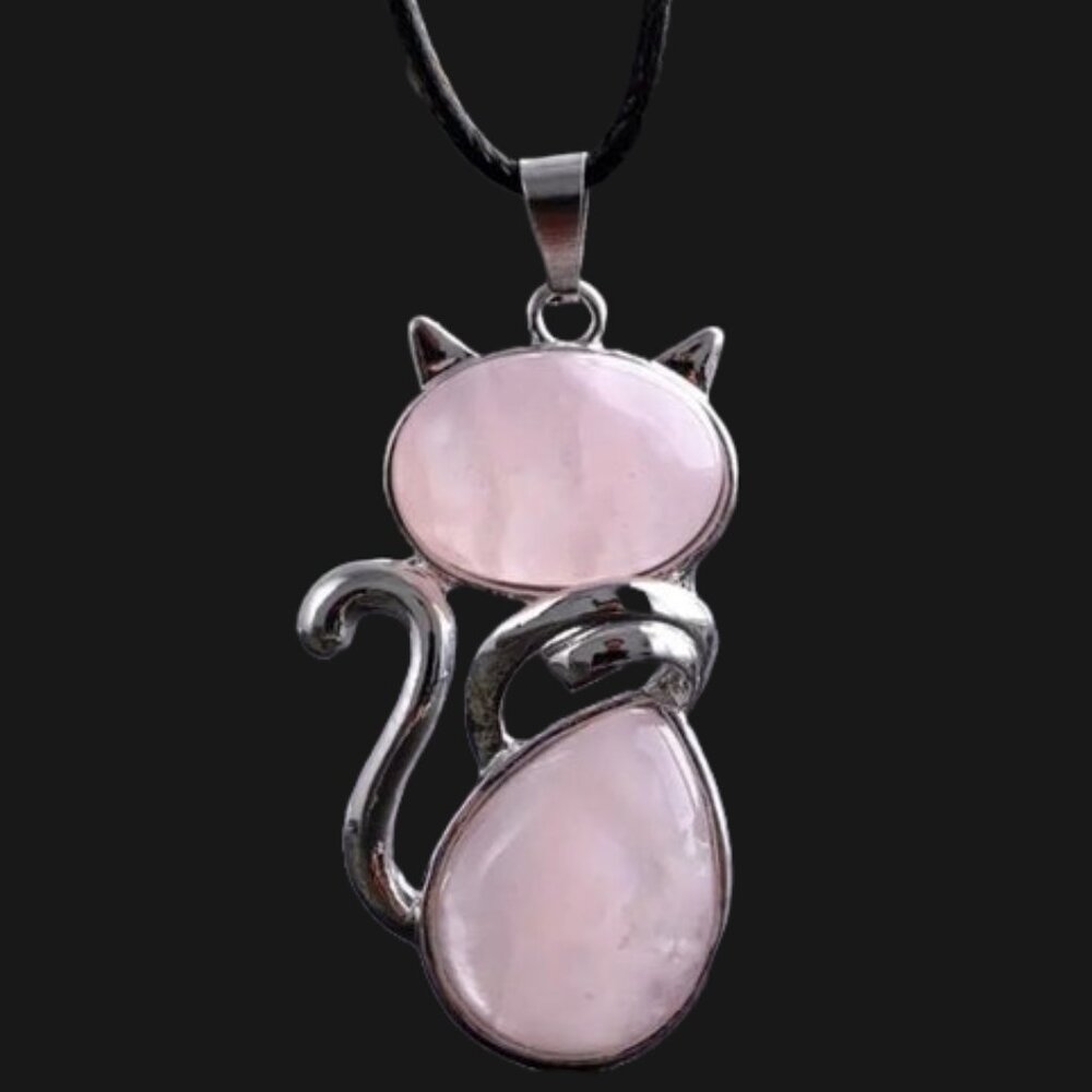 Rose Quartz Natural Stone Cute Cat Pendant Necklace
